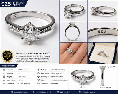 Ring-01-SS-925 Sterling Silver Ring Size 6 Diamond Imitation Solitaire 6 Claw Wo
