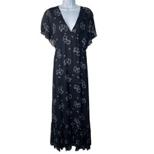Love Shack Fancy Kover Bow Print Tiered Navy Blue Viscose Maxi Dress Size 8 