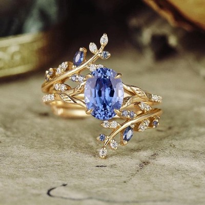 Oval Shape Tanzanite Wedding Ring Set Art Deco Leaf Style Ring For Women