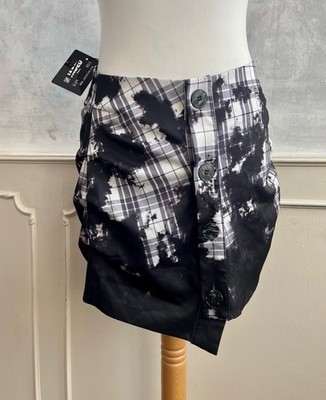 NEW-TAGS - JADED Bleach Check Monochrome Black Asymmetric Mini Suit Skirt 10
