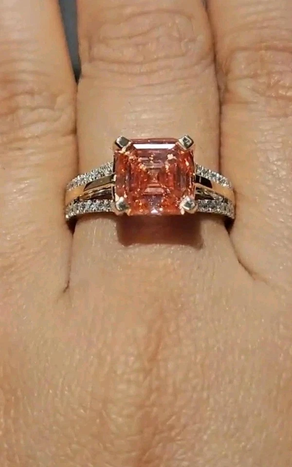 Сертифицированное обработанное красивое розовое кольцо с бриллиантом 3,55 карата с акцентом из серебра 925 пробы - Изображение 4 из 4