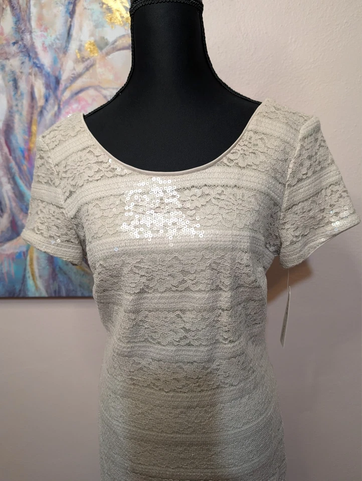 Vestido Donna Ricco Vaina Lentejuelas Beige Encaje Talla 6 Boda Fiesta Evento Elegante NUEVO Foto 4 de 4