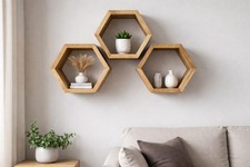 Oak Hexagon Wall Shelves Set of 3 | Floating Wooden Honeycomb Shelves