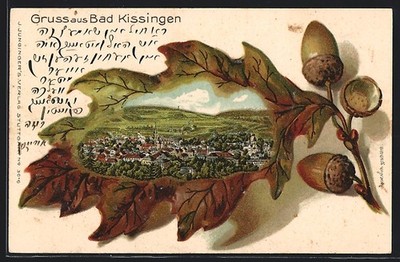 Mat lithograph Bad Kissingen, town view in oak leaf 