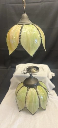 Vintage Tiffany Slag Glass Tulip Pendant Chandelier Lamp – Green Stained Glass