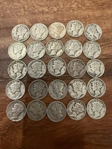 Lot of 25 Mercury DIMES-1.8075 Troy oz of Fine Silver Coins