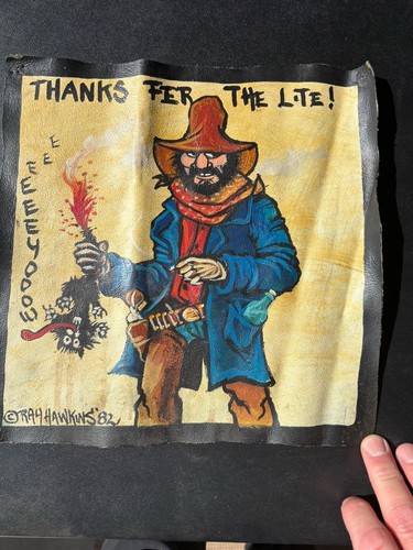 Vintage 1982 Hand Painted Leather Biker Art Cowhide Ray Hawkins folk art 