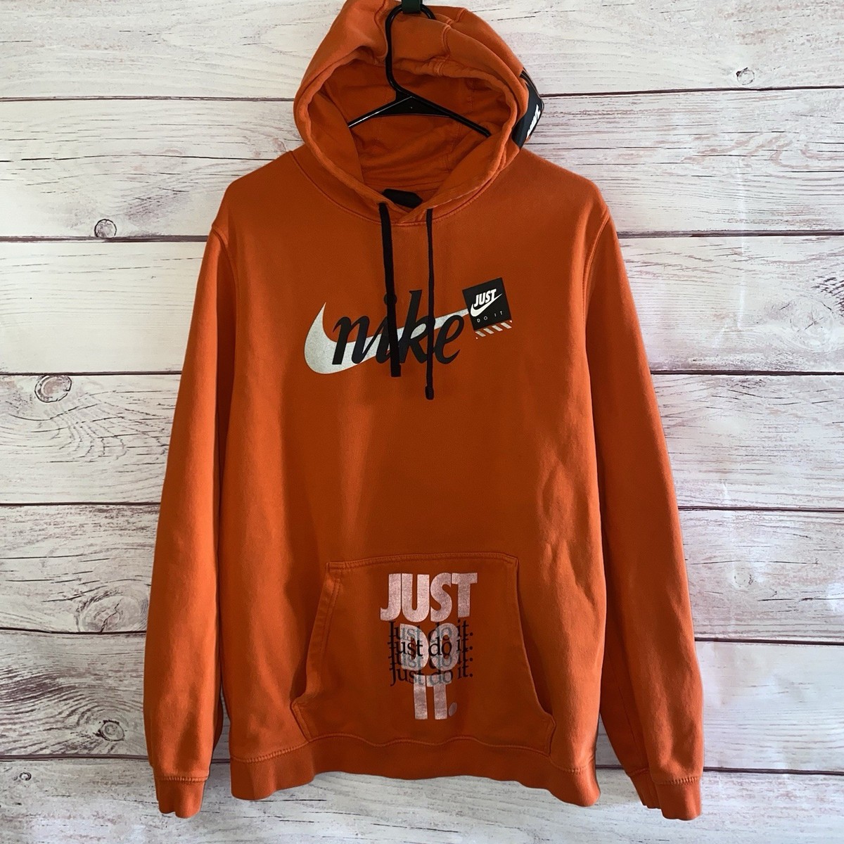 Nike Just Do It Hoodie Mens Large Orange Pullover Swoosh Graphic