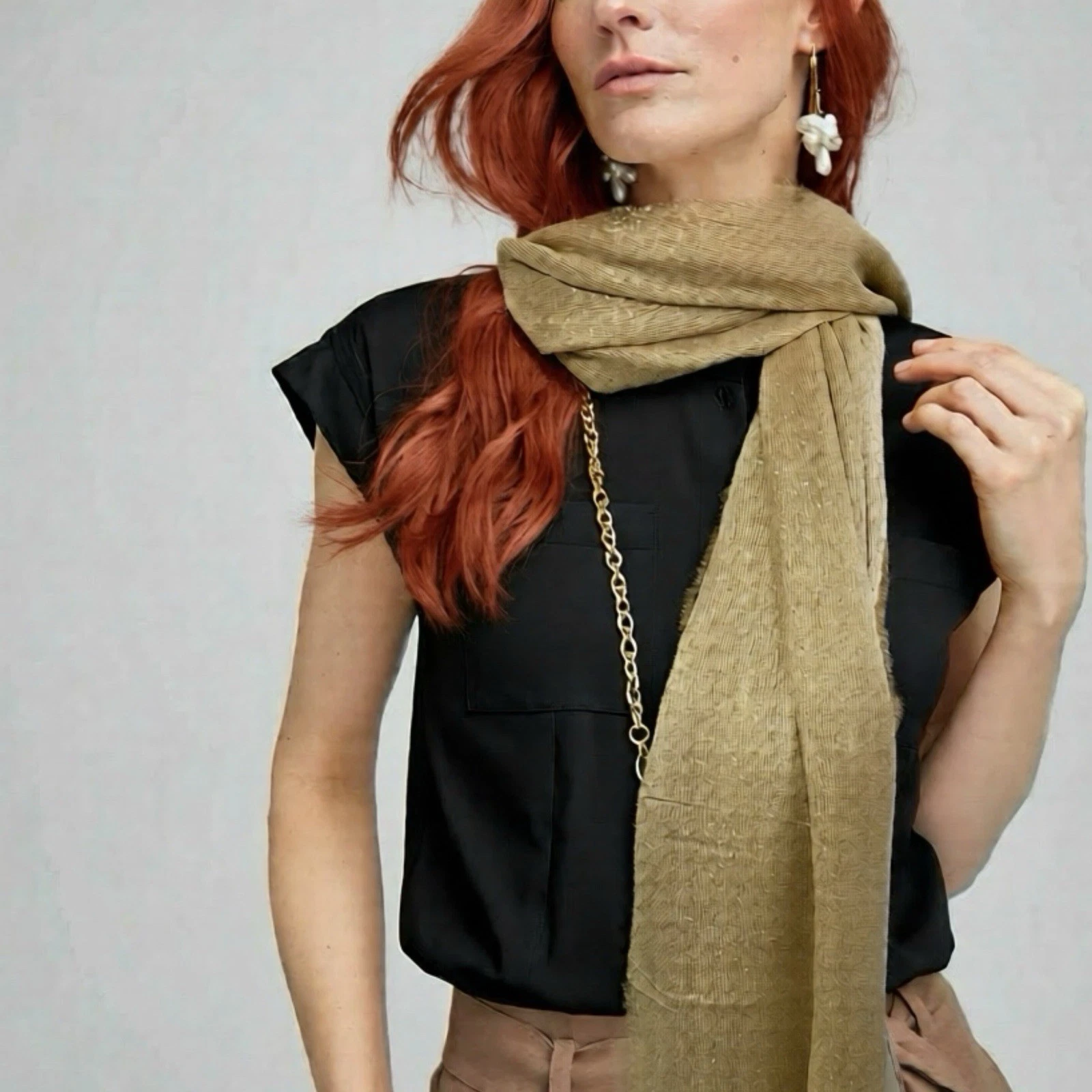 CHICOS Myra Scarf Gold Fringe Wrap Unique Yarn Fine Open Stitch Design New