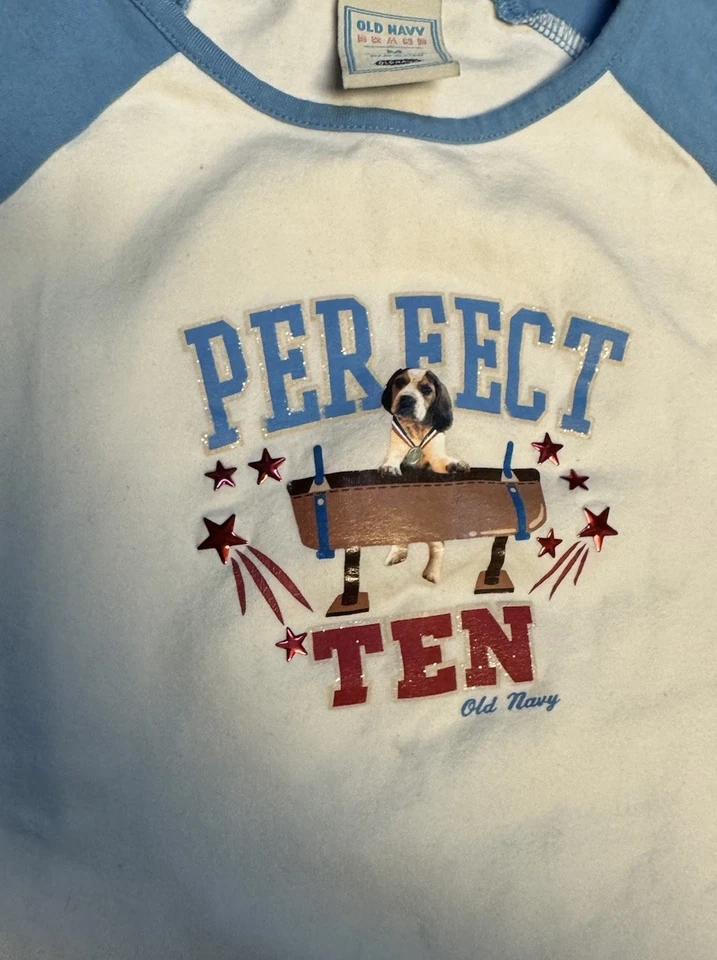 Y2K Old Navy Baby Tee Perfect Ten Dog Graphic Glitter Raglan Cap Sleeve Top S/M - Image 2 of 4
