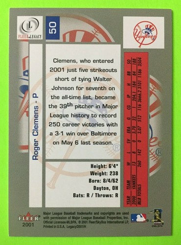 2001 Fleer Legacy #50 Roger Clemens New York Yankees Baseball Card - Picture 2 of 10
