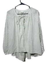 A New Day Peasant Blouse M Woven Linen Blend Stripe Green Boho Breathable Relax