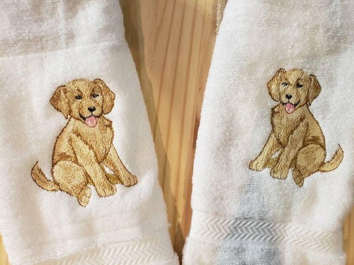 GOLDEN RETRIEVER PUPPY DOG  HAND TOWEL SET CUSTOM EMBROIDERED - Afbeelding 1 van 12