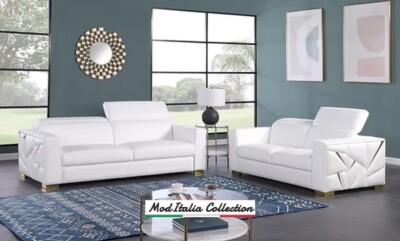 GENUINE Italian Leather White Gold 2PC Contemporary Sofa Loveseat Living Room