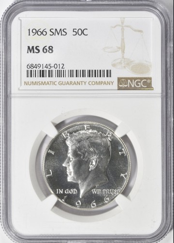 1966 SMS Silver Kennedy Half Dollar. HIGH GRADE! NGC Mint State 68