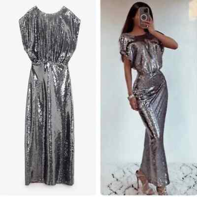 zara sequin dress ebay NWT ZARA LONG SILVER SEQUIN DRESS