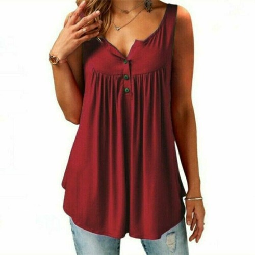 Women Summer Sleeveless Casual V Neck T Shirt Top Loose Solid Blouse with Bottle - Picture 4 of 7