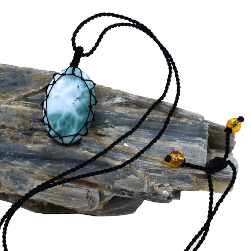 Collana artigianale naturale domenicano Larimar bellissima micro macramè pietre preziose - Foto 8 di 11