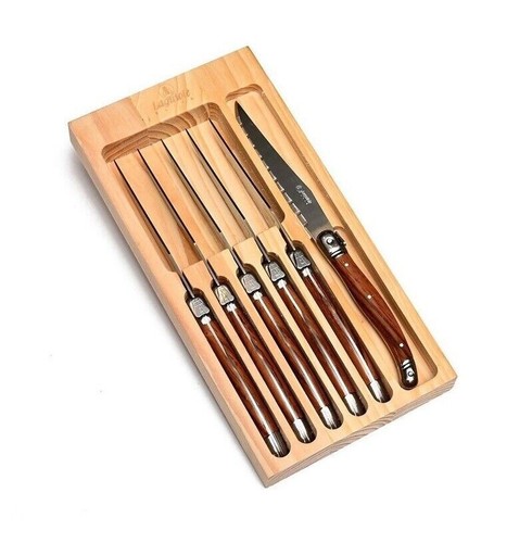 6pc Laguiole Silhouette Stainless Steel Steak Knife Set w/ Wooden Box Brown - Picture 3 of 4