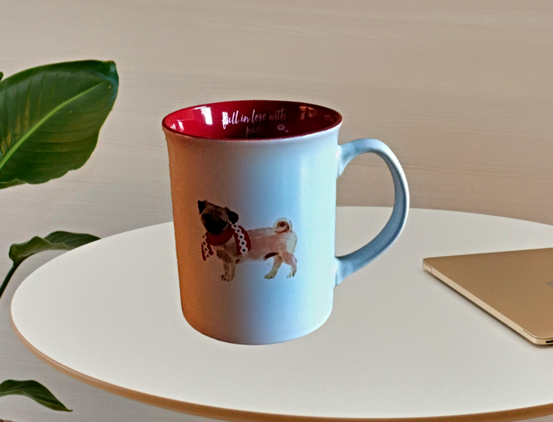 Pug Dog Coffee Mug Fall In Love With Pugs 16oz Cup Red White Dog Scarf