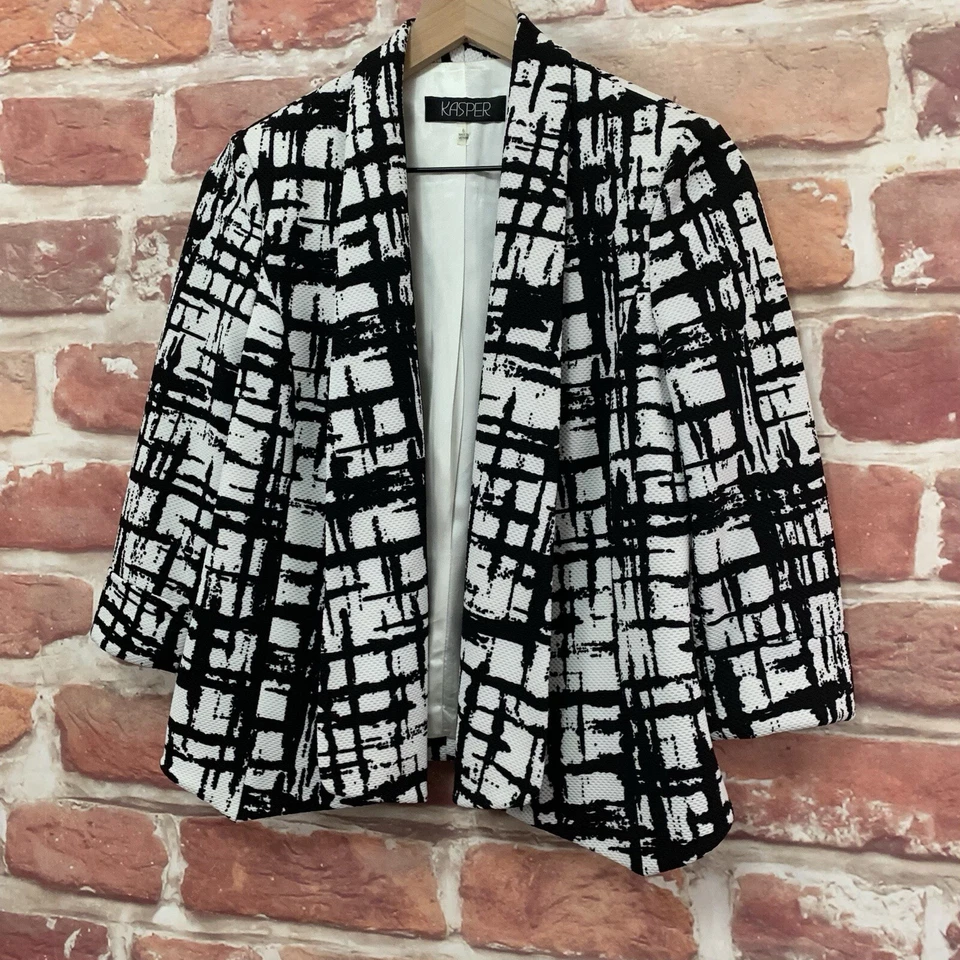 Blazer Kasper Mujer 6 Negro Blanco Abstracto Carrera Informal Frente Abierto Chaqueta Foto 3 de 4