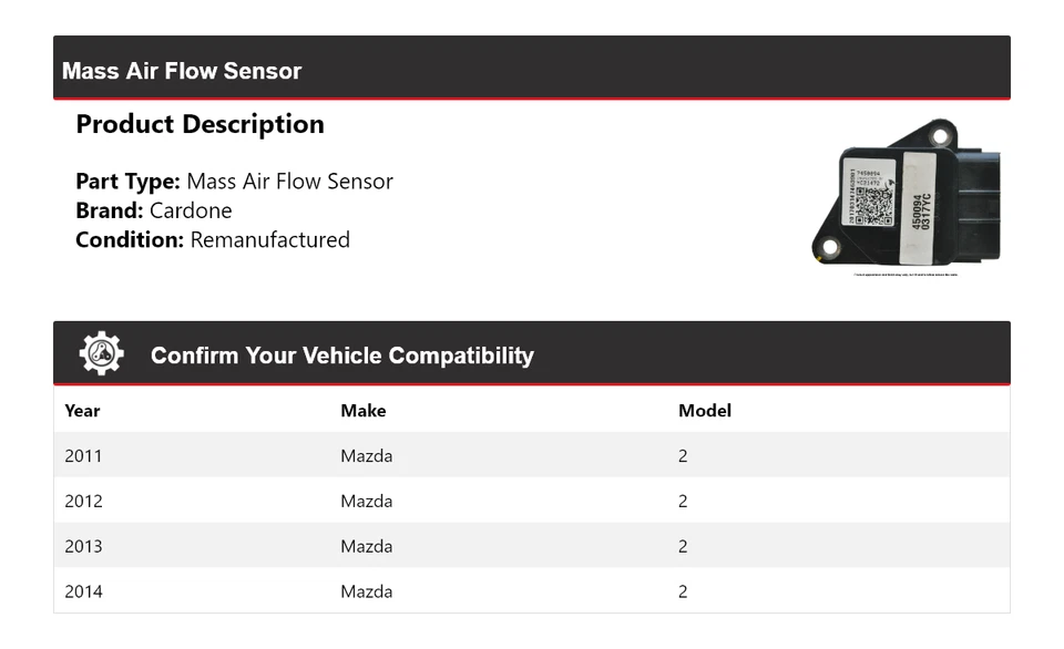 Sensor de flujo de aire de masa Cardone 2012 2013 para Mazda 2 2011-2014 Foto 2 de 4