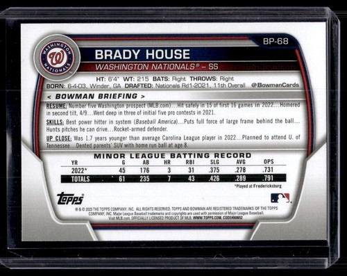 2023 Bowman Prospects Gold Brady House 43/50 Washington Nationals #BP-68 - Picture 2 of 2