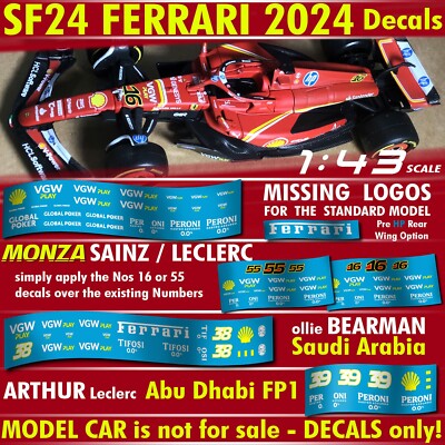 FERRARI 2024 decals VGWplay Peroni Global Poker 1:43 Sainz Leclerc