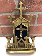Vintage Brass Tapletop Altar Jesus Cross Crucfix Candelabra Candle Holder