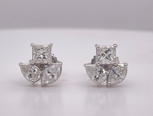 18K White Gold 1.44ctw Pear Marquise & Princess Cut Mixed Diamond Stud Earrings - Picture 2 of 7