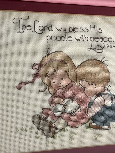 VTG Cross Stitch Framed Little Girl Boy Cottage Core Bedroom Prayer Bible Verse - Picture 10 of 11