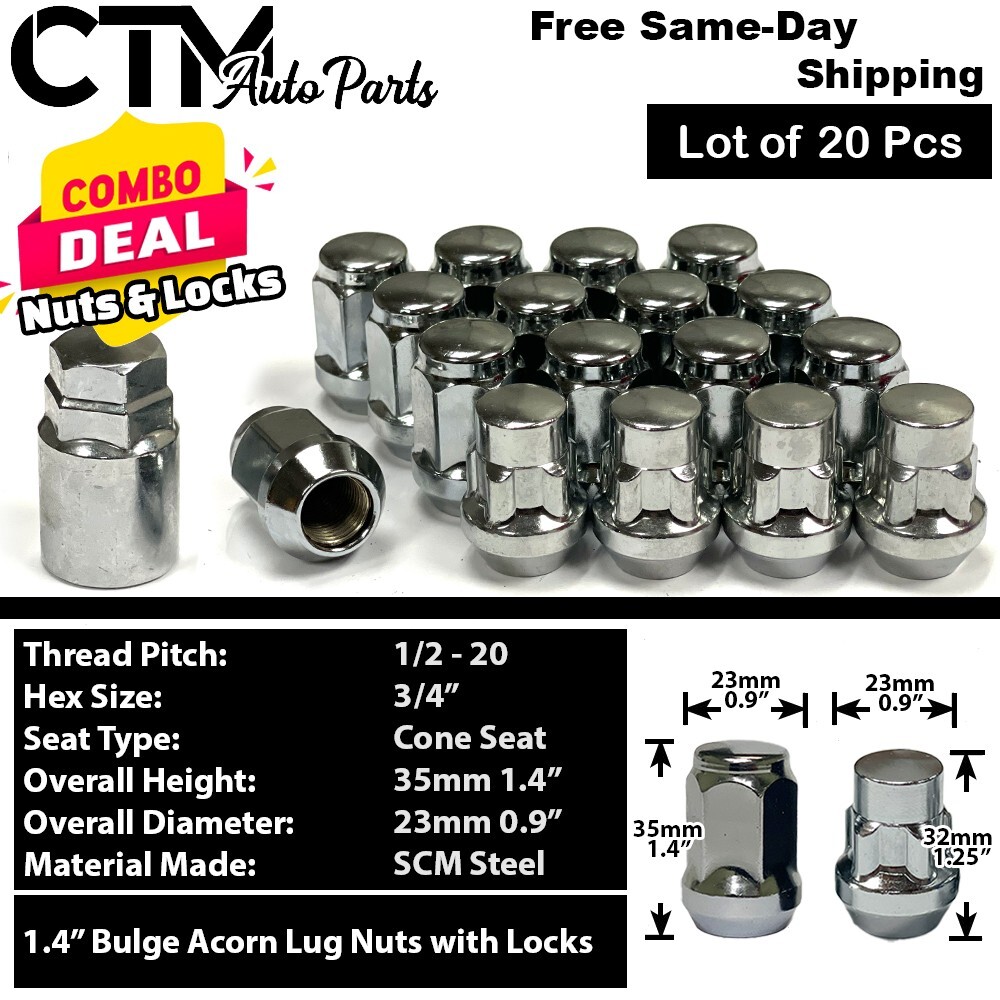 20x Chrome 1/2-20 Cone Seat Lug Nut & Wheel Lock Set Fit