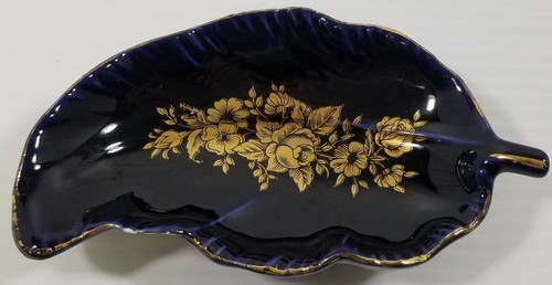 Sehr guter Zustand) Vintage Peint A La Main blaues Blatt goldfarben Blumen Schmuck Bonboniere
