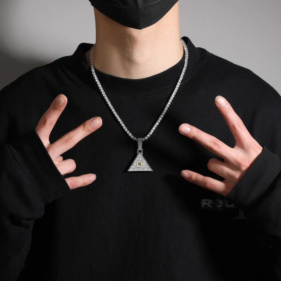 Pingente de colar masculino hip hop moda olho triangular gelado CZ (NÃO strass) - Imagem 4 de 4