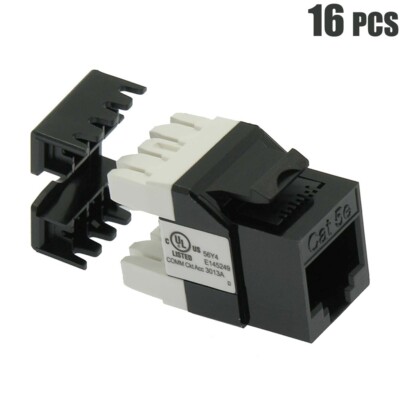 16 Pcs Cat5e RJ45 Network LAN Ethernet Keystone Jack 180° 100 Punch Down Black