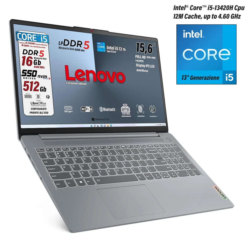 Notebook Lenovo Intel i5 13420H DDR5 16GB SSD 512GB FHD 15,6 Win11Pro Fing Retro - Immagine 4 di 4