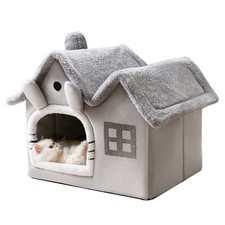 Luxury Double Roof Indoor Dog House Cat Nest,Foldable Warm Soft Grey
