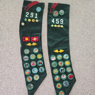 Set 2 Vtg 1960 s Green Girl Scout Sash W/ Merit Badges Wings Pins