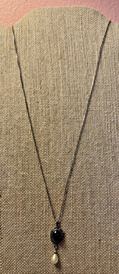 Vtg Sterling Silver Necklace 21'' Chain with Garnet and Faux Pearl SS 925 Pendant