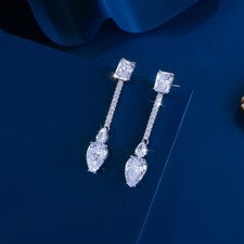 Sparkly Silver Plated Water Drop CZ Crystal Long Dangle Earrings for Women Party