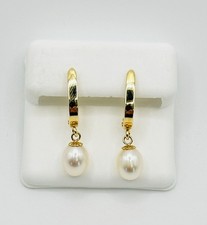 7mm Cultured Pearl 1? Dangle Drop Leverback Earrings 14k Yellow Gold 2.1 Grams