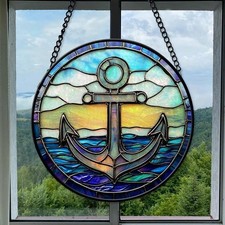 Faux Stained Glass Anchor Suncatcher Nautical Window Hanging Sailor Gift Decor