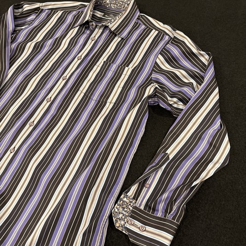 Bugatchi Uomo Shirt Mens XXLPurple Striped Button Up Long Sleeve 100% Cotton - Picture 3 of 10