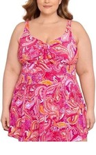 Swim Solutions Women's Plus Size Printed Tummy-Front Swimdress-Pink-Size: 18 Plu