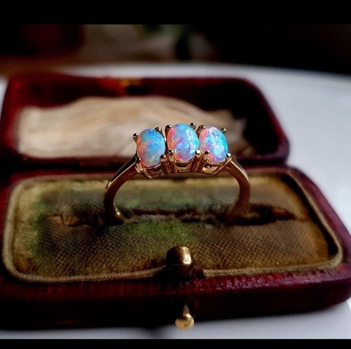 Vintage 9ct Solid Gold Natural Opal Triology Ring, Size UK O
