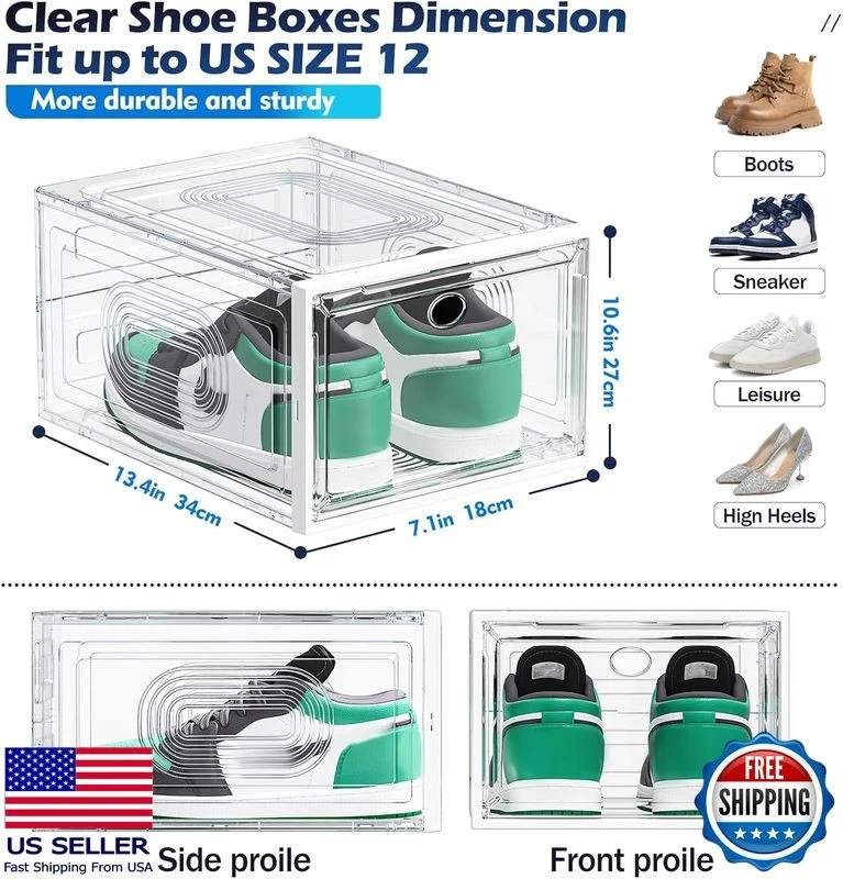 Упаковка из 8 штабелируемых прозрачных коробок для хранения обуви с магнитной дверцей, органайзером, белые - Изображение 2 из 4