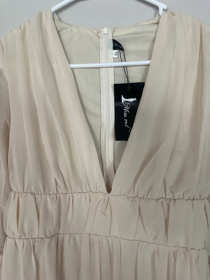 Vestido recto con volantes para mujer cuello profundo - crema - XS Foto 4 de 4