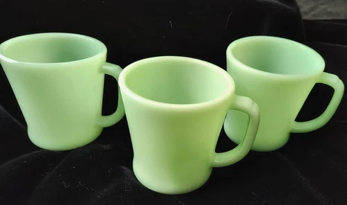 Vintage Fire King Oven Ware USA Green Jadeite D Handle Coffee Mugs (3)