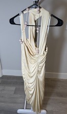 Late 90s/00s Gianni Versace Ivory Draper Jersey Halter Gown with Beaded Straps