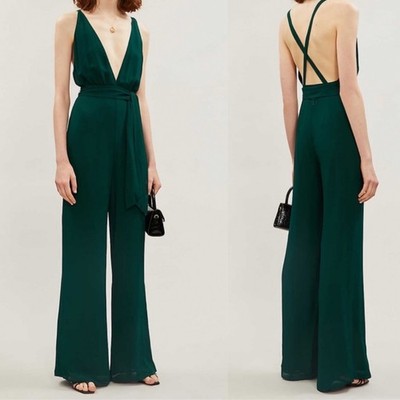 Reformation Sofi Georgette Jumpsuit Emerald Green Wide Leg Plunge Women's 4P